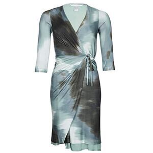 Diane von Furstenberg Green Watercolor Print Long Sleeve Wrap Mini Dress Size 2